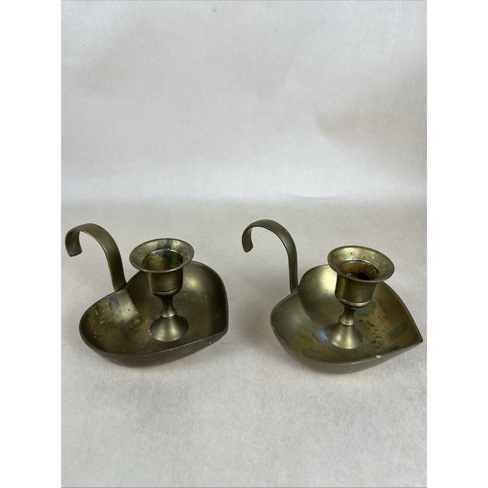 2 Vintage MCM Brass Heart Chamberstick Candlestick Candle Holder w/Finger Handle